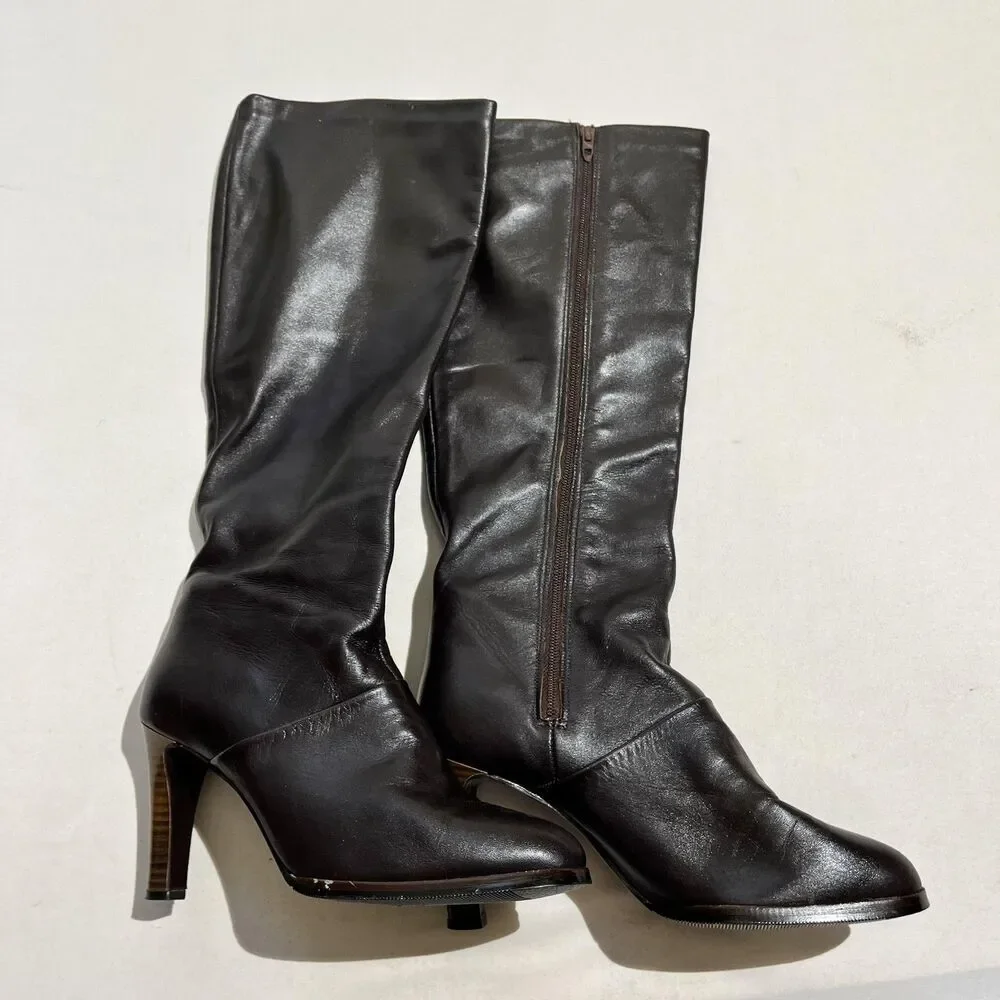 Vintage Gogo Boots 70s Disco Boho 60s California 8.5 Calf High Heel Zip Stacked